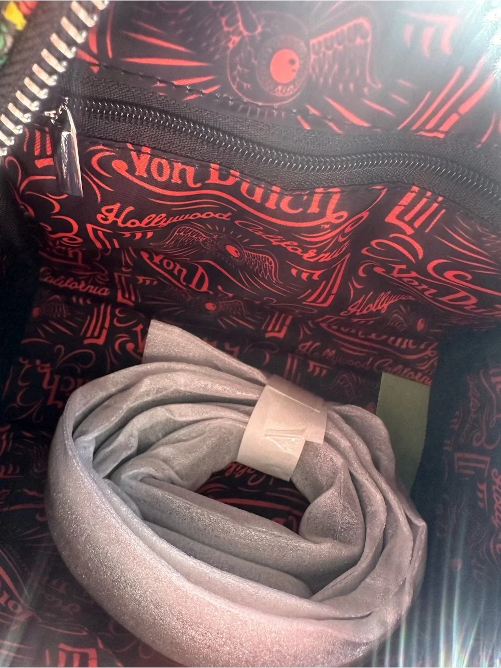 Von Dutch Black Multi-Logo Dome Satchel with Colorful Patches